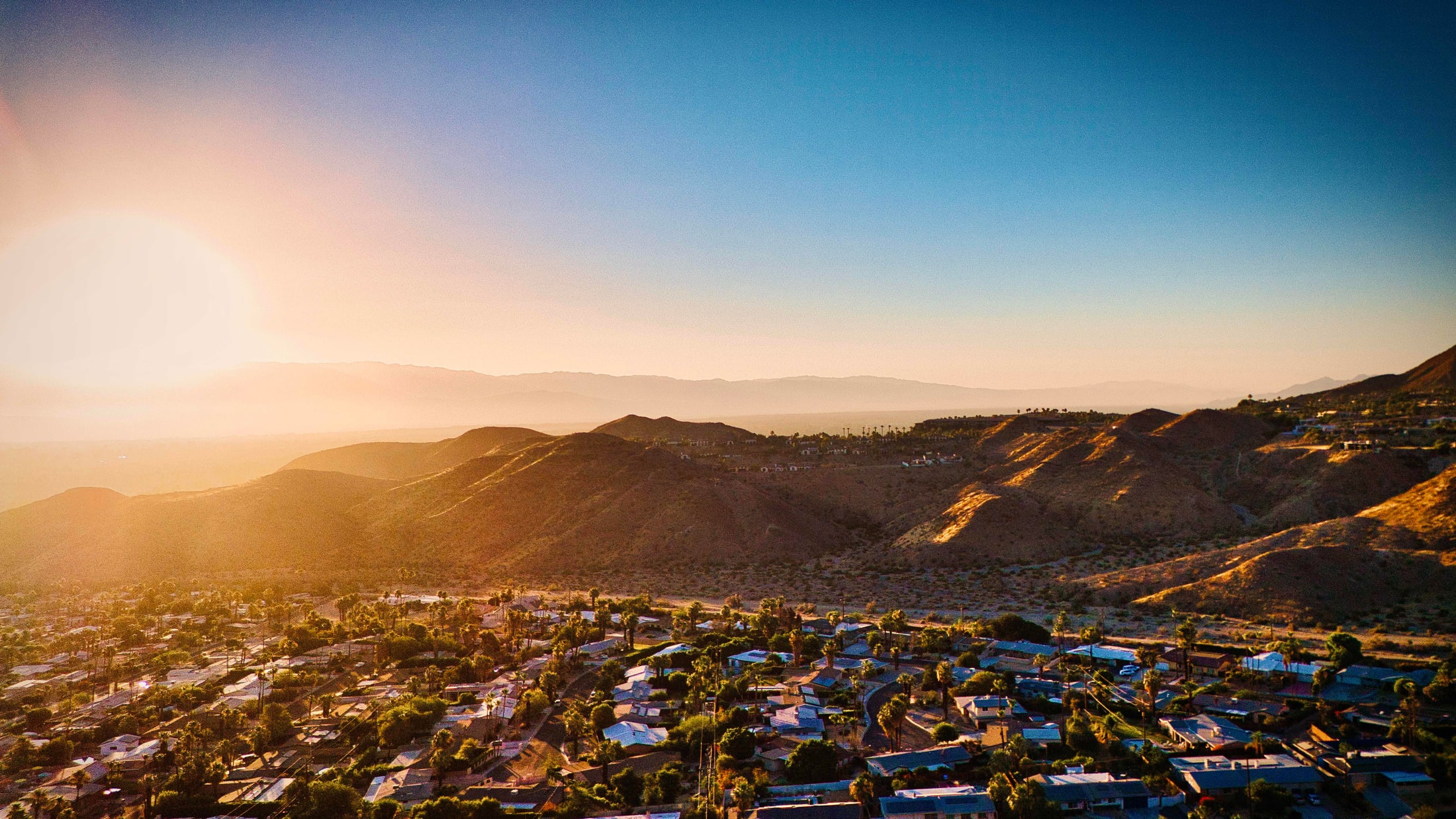 Aerial drone view of the Coachella Valley at sunset
